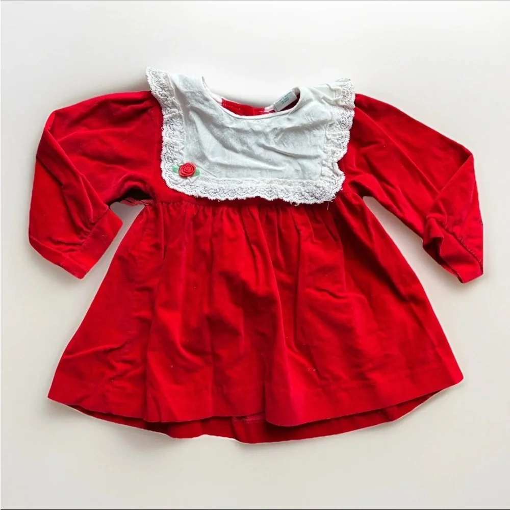 Alexis Vintage 80s Red Velvet Christmas Dress Lace Trim | Size 24 Months - Picture 3 of 6